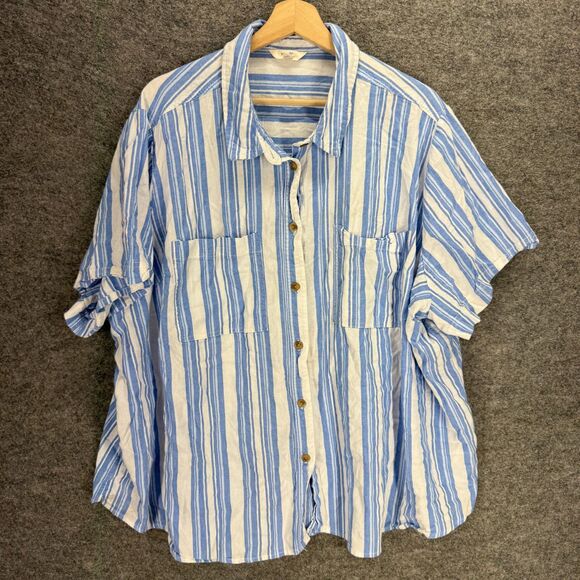 Terra & Sky Shirt Women 4X Plus Blue Striped Button Up Collared Short Sleeve - Picture 1 of 7